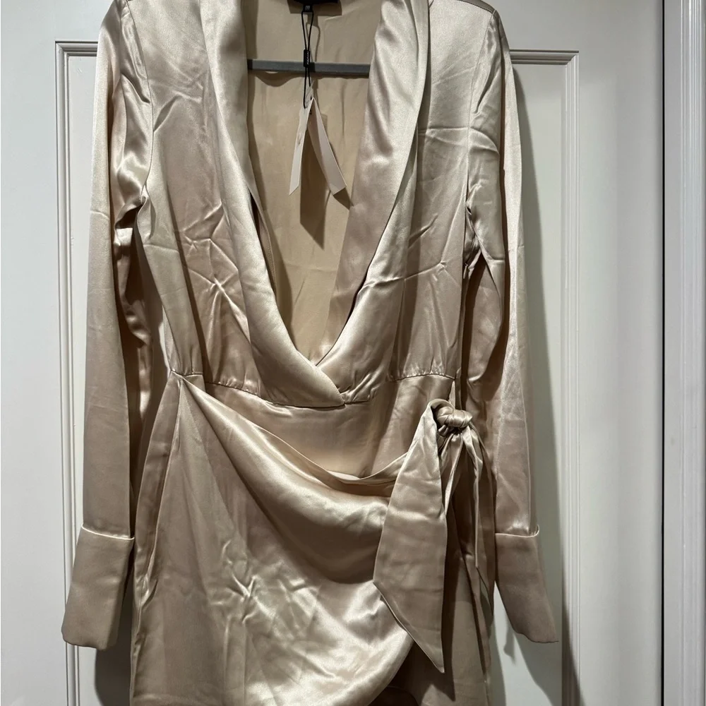 Revolve Retrofete Cream Asymmetrical Wrap Mini Dress - Picture 4 of 8